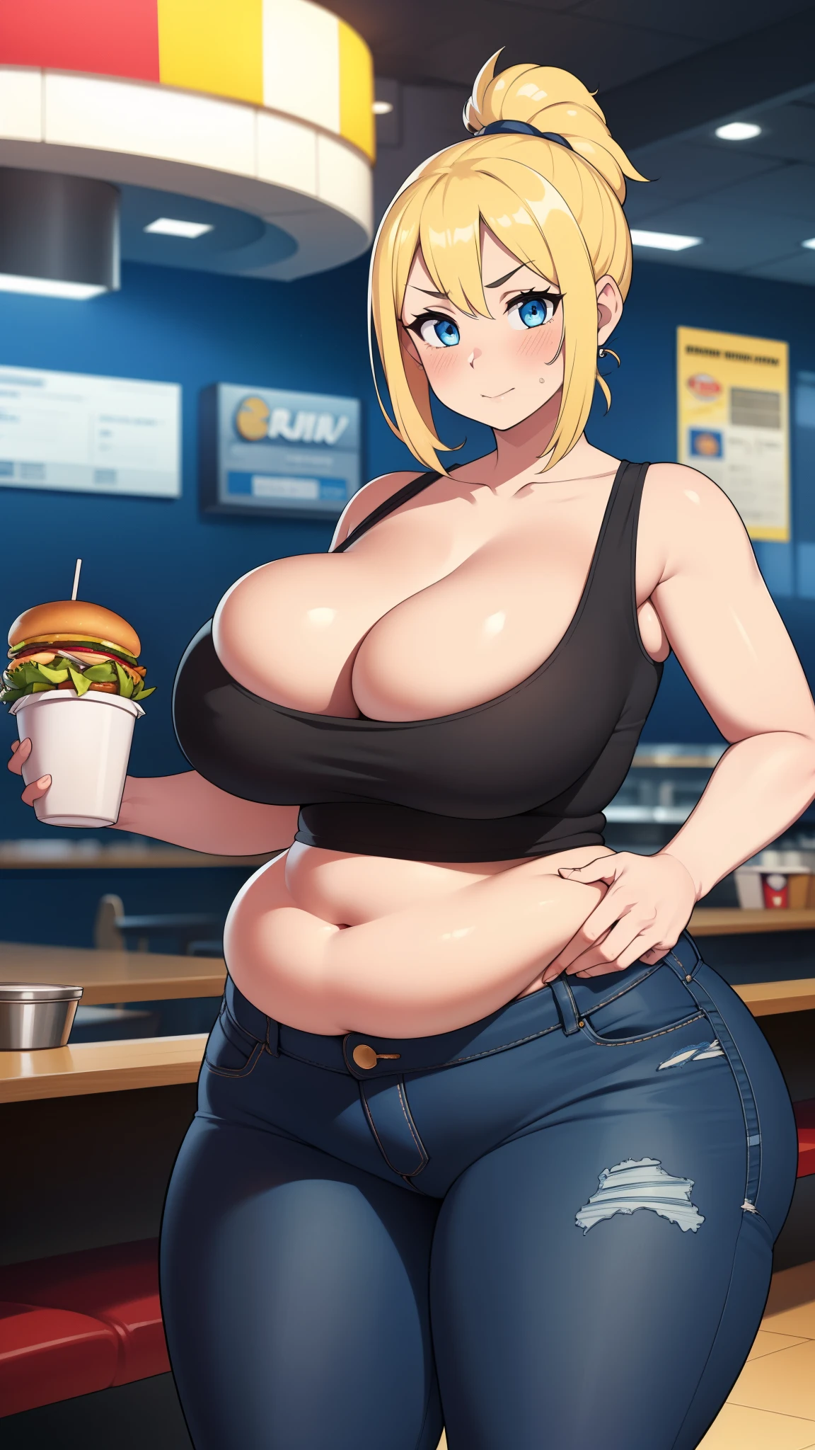 ((Masterpiece)), perfect anatomy, perfect shading, field of depth, (best quality), extremely delicate and beautiful, perfect lighting, detailed face, ultra cute face, cute, ((1girl)), ((solo))
short fluffy blonde hair, ponytail, blue eyes, ((blush)), nervous, looking at viewer, tank top, jeans, cleavage, large breasts, ((thick thighs)), (wide hips), chubby, chubby belly,
intricate background, detailed background, fast food restaurant,