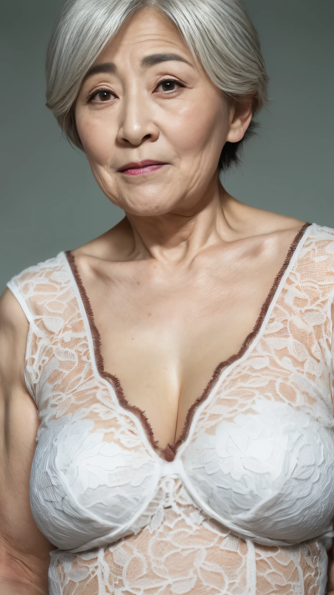 Aunt, ((fractal art)), (((masterpiece))), 8K, clear image, (((alone))), (((old aged japanese milf))), pure white background, gray hair, lower your arms, Wearing a flashy bra, gravure, facing the front, ((Elderly mature woman with an old face)), describe the lips correctly,red lips, flashy makeup, (((alone))), (((perfect anatomy))), Elderly, pure white background, gravure, natural upright posture, facing the front, ((obscene)), from the chest up, highest quality, Super detailed, realistic, Super detailed細なスキン, (1 Japanese mature woman), (positive), 120 years old, huge breasts, mature politician, Glamour, sexy, pure white skin, looking at the viewer,