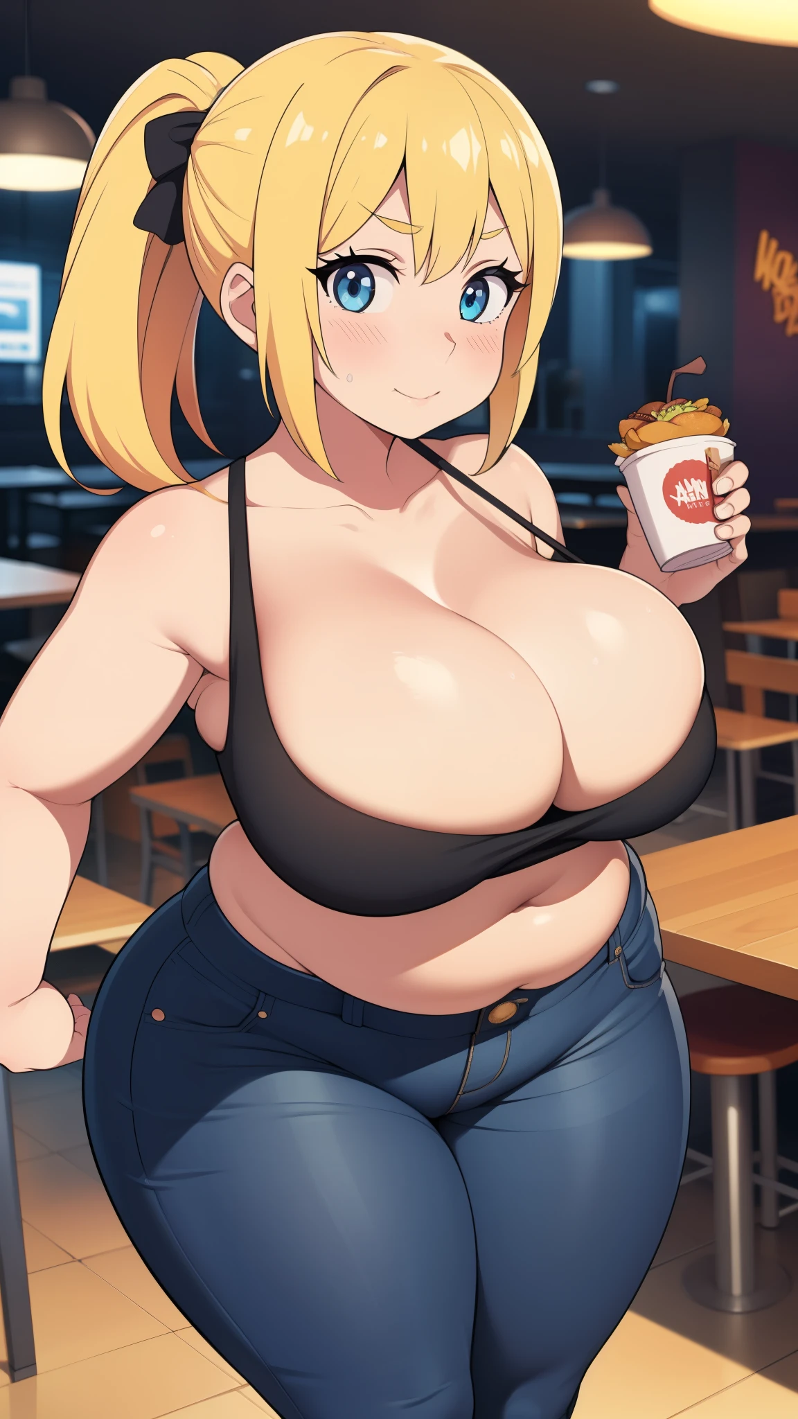 ((Masterpiece)), perfect anatomy, perfect shading, field of depth, (best quality), extremely delicate and beautiful, perfect lighting, detailed face, ultra cute face, cute, ((1girl)), ((solo))
short fluffy blonde hair, ponytail, blue eyes, ((blush)), nervous, looking at viewer, tank top, jeans, cleavage, large breasts, ((thick thighs)), (wide hips), chubby, chubby belly,
intricate background, detailed background, fast food restaurant,