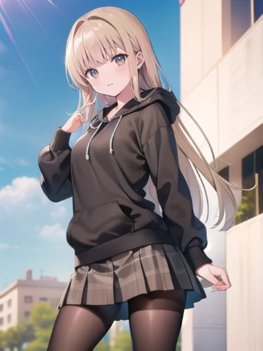 (((grayscale)))(masterpiece:1.2, best quality), (graffiti wall:1.15), 1lady, beanie, jacket, Leggings, blue eyes, fullbody,masterpiece, best quality, highres, 1girl, solo, red_eyes, sakamata chloe, garter straps, black fingerless gloves, torn thighhighs, , red skirt, black collar, white camisole, miniskirt, pleated skirt, black thighhighs, braid, white shirt, black_belt, medium hair, black jacket, plaid_bow,( hood_up:1.2), long sleeves, off shoulder,,Eiko Tsukimi, blue eyes, braid, twin braid, (((blonde hair))), long hair,baseball cap