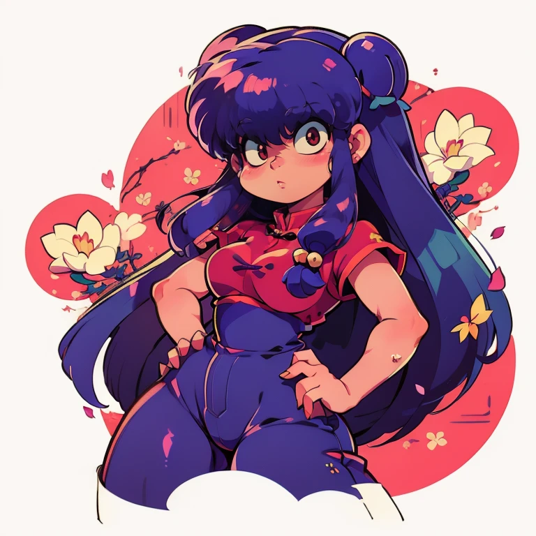 ((sticker-style illustration for print with 1girl, minimalism,)), simple background, clean:0.9, lineart, vector, shampoo \(ranma 1/2\), looking at the viewer, long purple hair, (eyes angry), Cherry blossoms for background, circle frame, hands on hips
