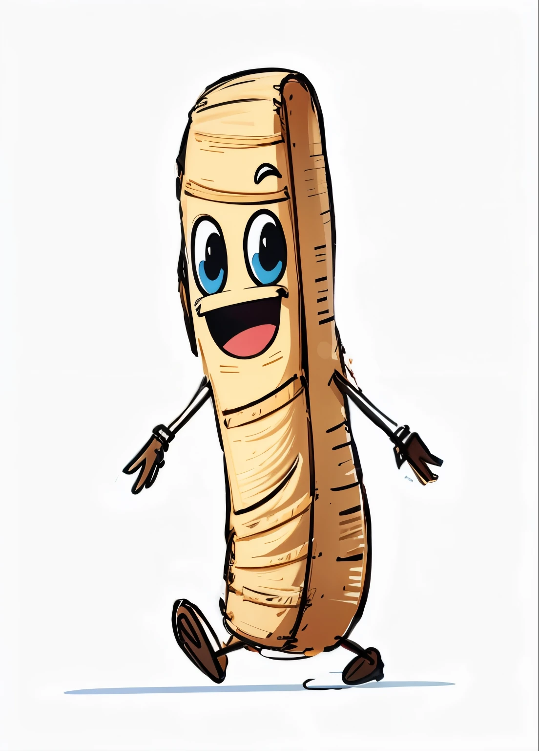 Cartoon animated baguette emote, with eyes, with mouth, with arms, with legs, with foots, happy, drew,