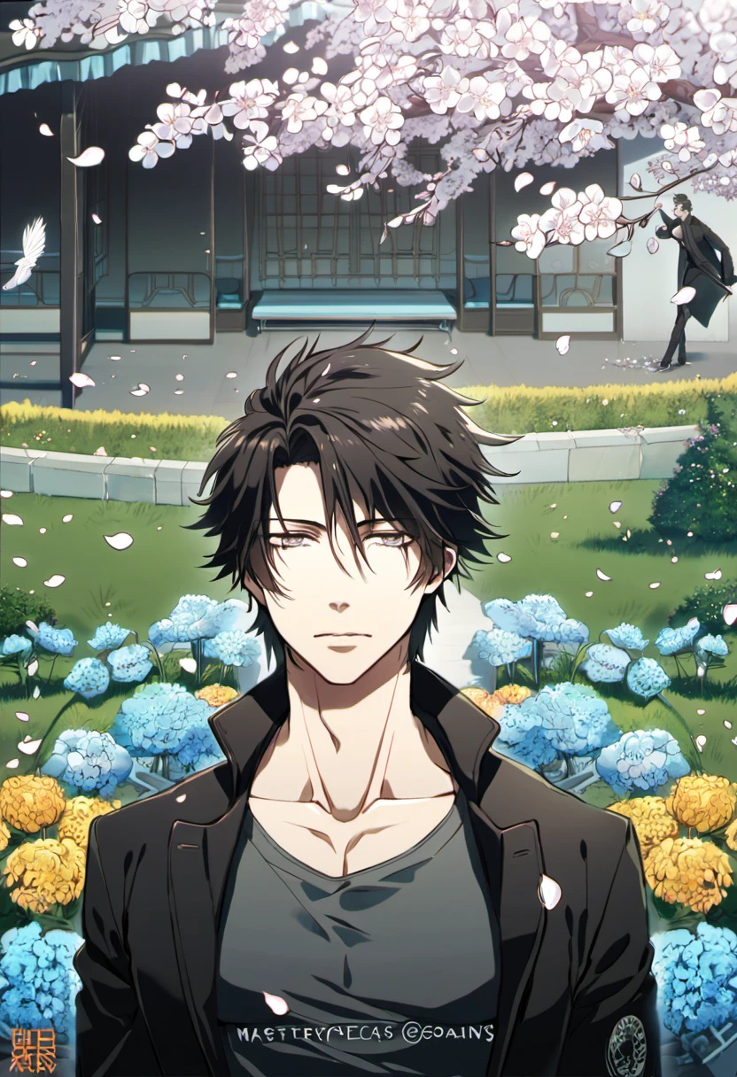 absurdres, highres, ultra detailed, HDR, masterpiece, Psycho Pass, Kogami Shinya, short tousled black hair, expressive grey eyes, black tight shirt, black coat, toned chest, 1man, handsome, designed with decoration such as blue leaves, birds and blossoms, petals, garden