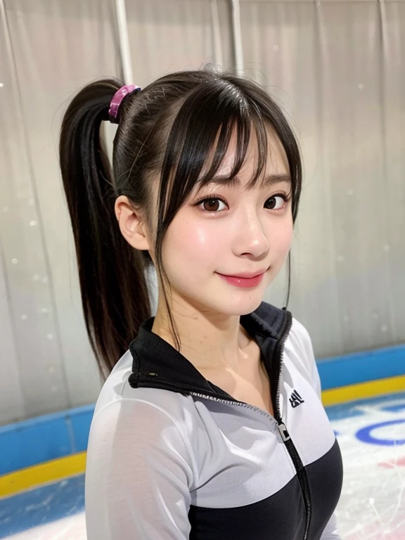 (kawaii 24 year-old Japanese girl, Nogizaka idol, Korean idol), healthy female athlete, figure skater, (glossy black hair, high ponytail, ponytail must be behind the body:1.3), (bangs), (rounded face, black eyes, single eyelid, no makeup, soft smiling:1.2), (wearing training half zip tops, sports leggings:1.3), flat chest, extra small breasts, (looking straight at camera:1.2), BREAK, (skating in ice skate arena:1.3), (dynamic angle:1.3), face focus, BREAK, (masterpiece, best quality, photo realistic, official art:1.4), (UHD, 8K quality wallpaper, high resolution, raw photo, golden ratio:1.2), (shiny skin), professional lighting, physically based rendering, award winning, (perfect anatomy, highly detailed skin, extremely detailed face and eyes), Carl Zeiss 300 mm F/2.8, depth of field, 1girl, solo,