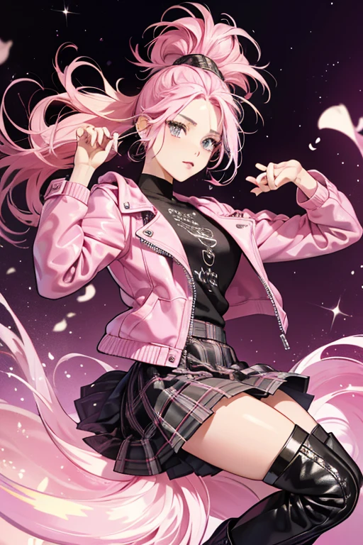 Taffi is made of some pink substance, presumably taffy. Her hair is put up, and if made of the same substance as her body. She wears grey earrings, a leather jacket, a short plaid skirt, and black boots. SPARKLE; GLITTER