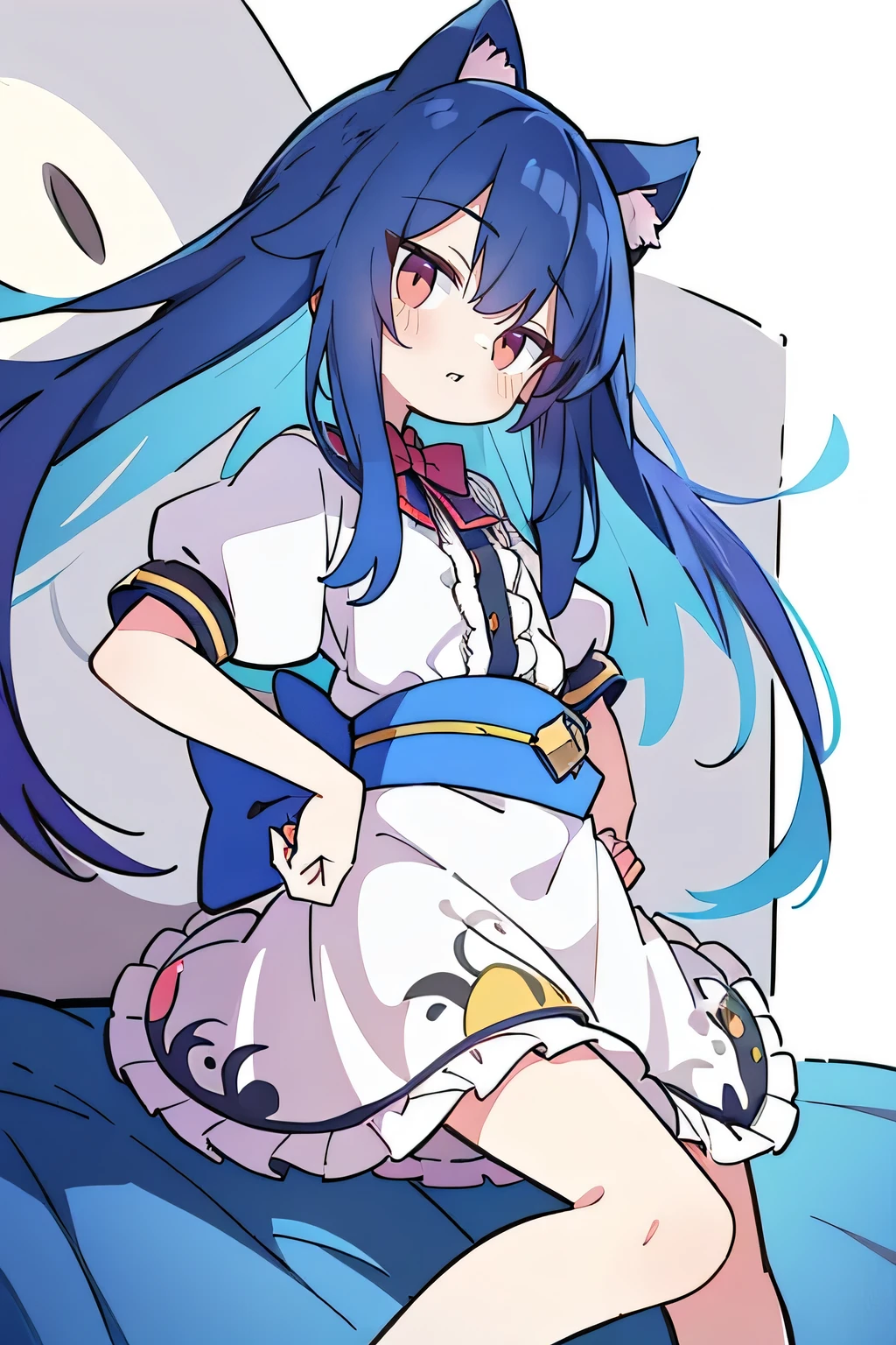 (Masterpiece), best quality, expressive eyes, perfect face, 1girl,
 Put your hands on your waist, fair, gorgeous, Japanese comics, girl, Lola, young angel, blue hair, blue hair, flowing clothes, hug the waist, hug the waist, hands on hips, hands on hips, lay down , lying on the ground, legs on the ground, flat chest, cat ears