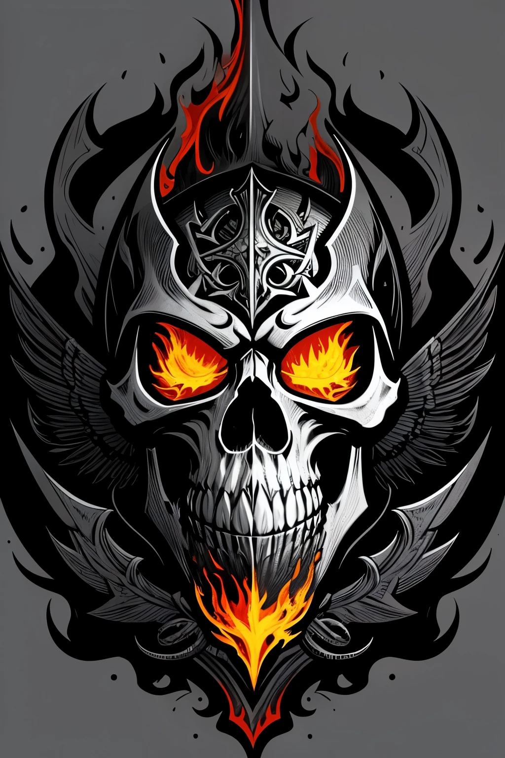 Create a captivating and terrifying logo illustration of a firefighter skull, showcasing flaming eyes that burn with intense fiery energy, surrounded by intricately detailed silver axes. This design is inspired by the fantasy style of renowned artists Dan Mumford and Frank Frazetta. The illustration boasts bold outlines, high definition, and vivid colors that come to life with intricate details. The negative space within the logo adds an element of mystery and allure, making it an ideal design for t-shirts and other merchandise. With a unique blend of creativity and fear, this logo is sure to leave a lasting impression.