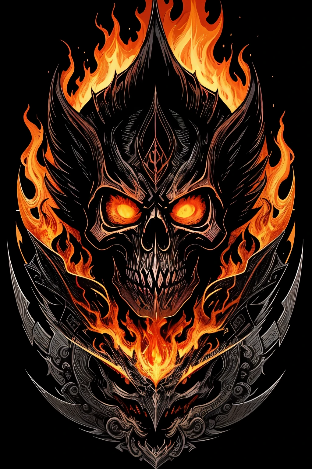 Create a captivating and terrifying logo illustration of a firefighter skull, showcasing flaming eyes that burn with intense fiery energy, surrounded by intricately detailed silver axes. This design is inspired by the fantasy style of renowned artists Dan Mumford and Frank Frazetta. The illustration boasts bold outlines, high definition, and vivid colors that come to life with intricate details. The negative space within the logo adds an element of mystery and allure, making it an ideal design for t-shirts and other merchandise. With a unique blend of creativity and fear, this logo is sure to leave a lasting impression.