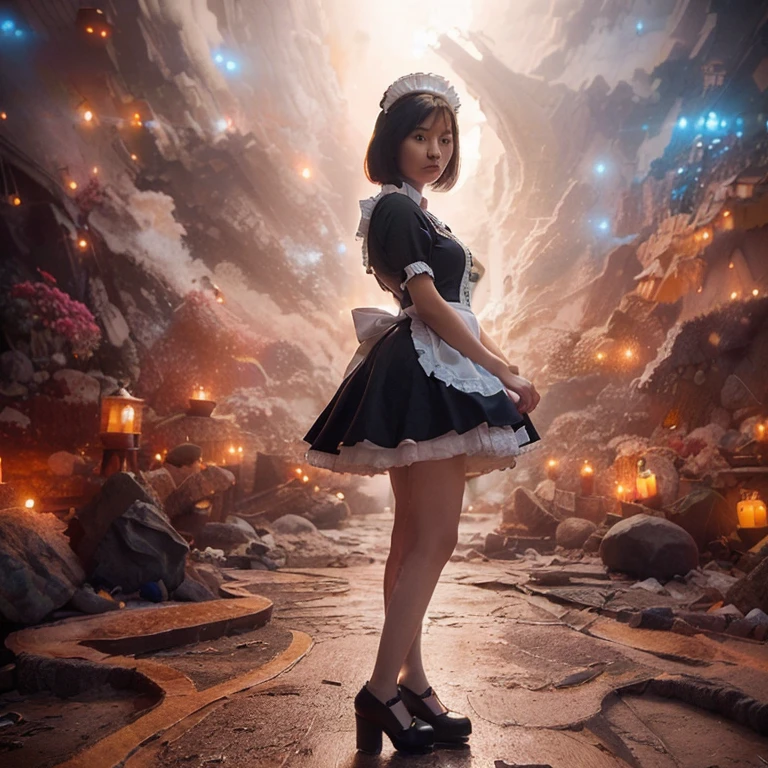 ((ultra highest quality:1.5)) ((photorealistic:1.3)) ((Real like photograph:1.3)) Super detailed. super high quality. ((full-body shoot photography)). ((an Indonesian woman with a round face)), short hair, 20 years old, wearing black maid costume and shoes. standing pose, fantasy background. hyperrealistic photography, RAW, cinematic style, turned to the camera,