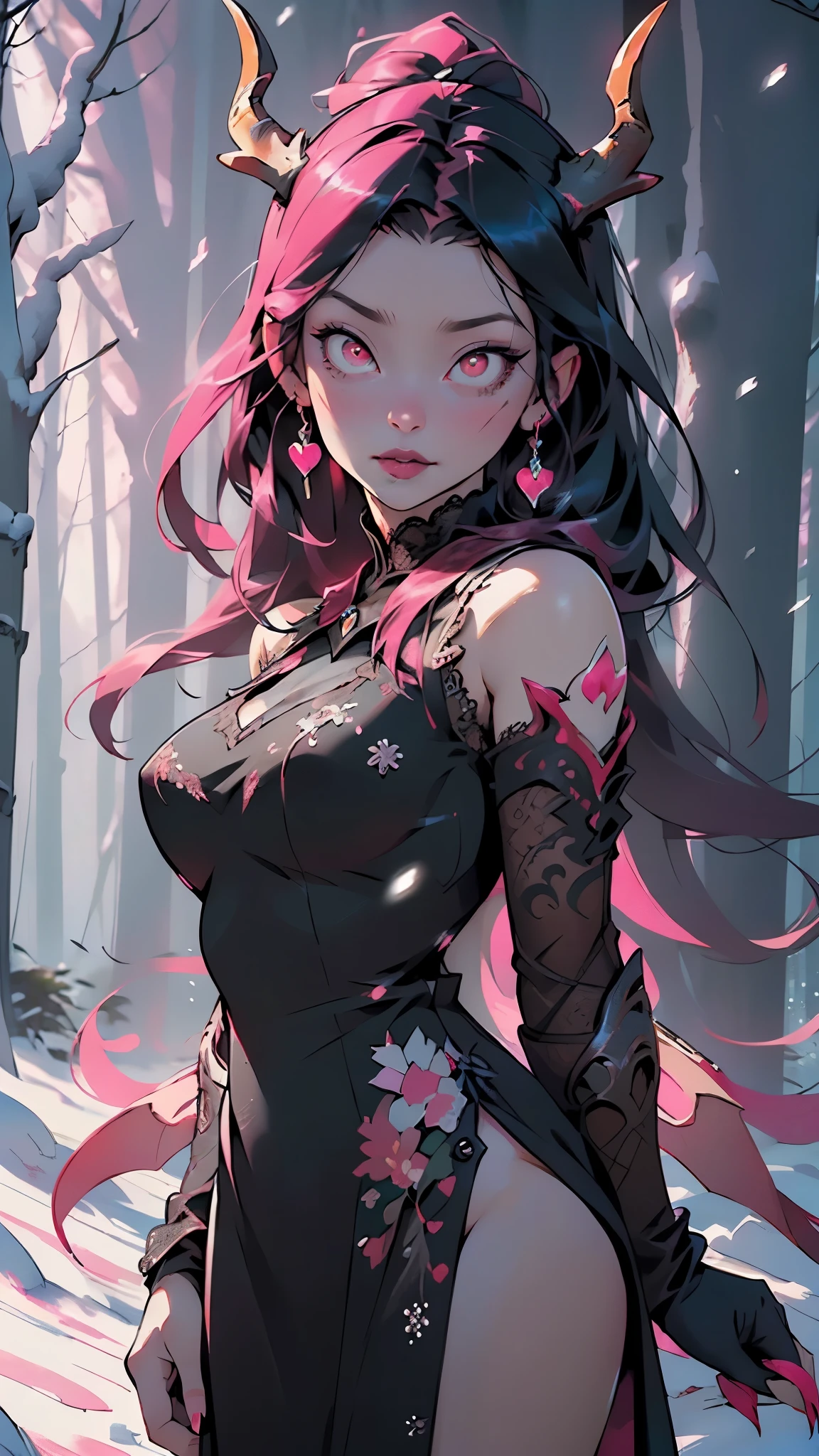 ((demon girl)),rpg,((big claws)),((devil with big horns)), ((wings)),(demon armor),((blood splashes)),skull on the ground,((blood ritual)),elegant regal succubus,((black lipstick, long black hair:1.5, red eyes)), seductive expression,((evil demeanor)),
((heart pupils:1.4, heart,hearts,heart marks)),
((sultry gaze, luxurious black gown)), elaborate headpiece,((ethereal aura, intricate lace details)),
alluring charm, dark seduction, captivating beauty, hypnotic presence, divine sensuality, enchanting temptress, seductive power, mesmerizing allure, forbidden desires, bewitching enchantment, seductive aura, tempting spell, mythical creature, otherworldly beauty, seductive darkness, mesmerizing gaze, supernatural elegance, sensual mystique, intoxicating presence, irresistible grace, magnetic attraction,
((snowy pink cherry forest:1.5,pink theme forest:1.5)),winter,scenery:1.25,((intricate scenery)),((snow forest background)),
(Glossy winter ornaments),highres,sharp focus,(ultra detailed,extremely detailed),(photorealistic artwork:1.37),(extremely detailed CG unity 8k wallpaper),(((vibrant colors,vibrant theme))),(intricate),(masterpiece),(best quality),artistic photography,(photography taken by sldr),(intricate background),perfect rendered face,perfect face details,realistic face,photo realistic,((intricate detail)),(((realism))),