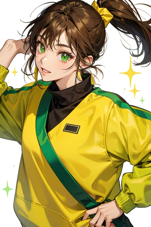 Tai has dark brown hair in a ponytail and doesn't wear a hat. She is seen wearing a yellowish-green outfit with a yellow collar. SPARKLE; GLITTE