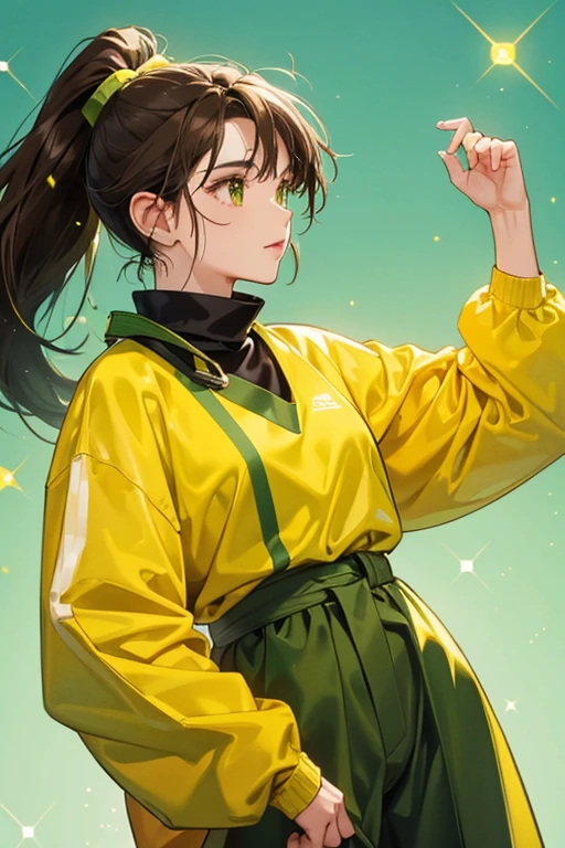 Tai has dark brown hair in a ponytail and doesn't wear a hat. She is seen wearing a yellowish-green outfit with a yellow collar. SPARKLE; GLITTE