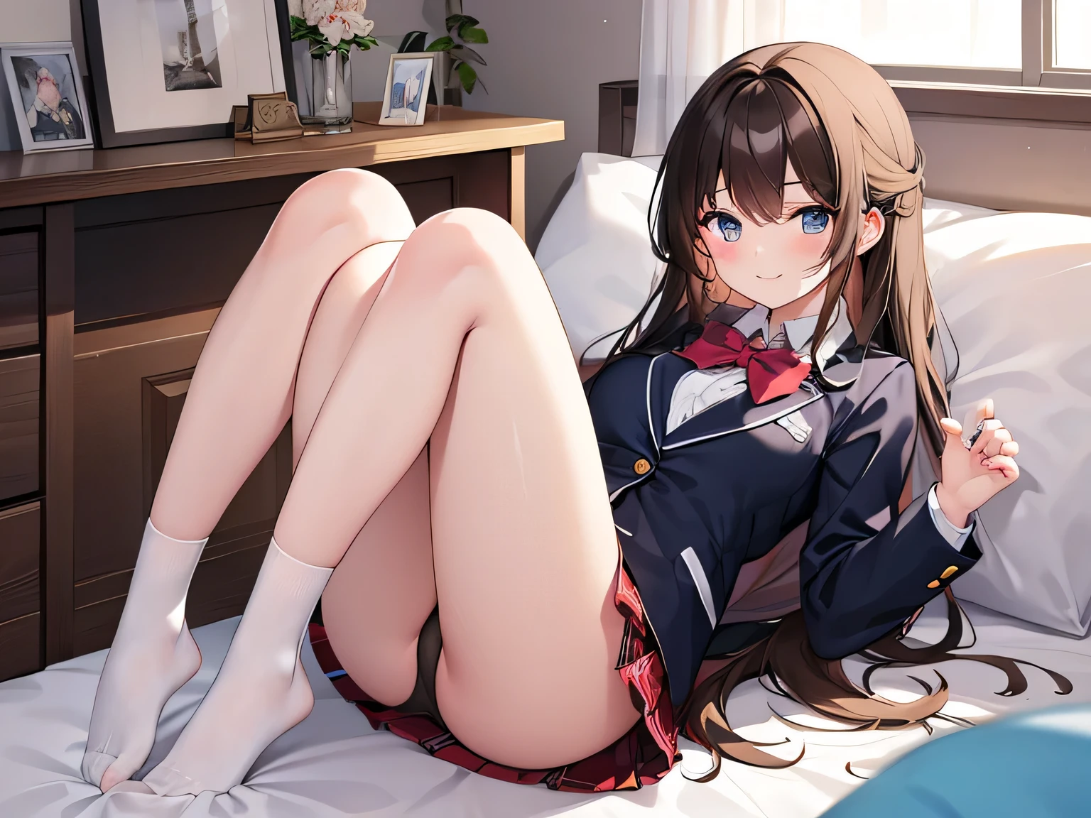 (masterpiece、highest quality、High resolution、realistic pictures、real looking skin:1.1)、
(A high school girl is relaxing in her bedroom:1.8)、
(The skirt is so short that her panties are visible:1.8)、
(she has a grin on her face:1.5)、
(She is wearing a high blazer.:1.5)、
(She is wearing a pleated miniskirt for her high .:1.5)、
(She is wearing loose socks because she is indoors.:1.5)、
(brown semi-long hair:1.5)、
(she is 18 years old:1.5)、
(Location: Apartment bedroom:1.5)、
1 Japanese girl、solo、full body esbian、beautiful eyes、shining eyes、Shining thighs、NSFW