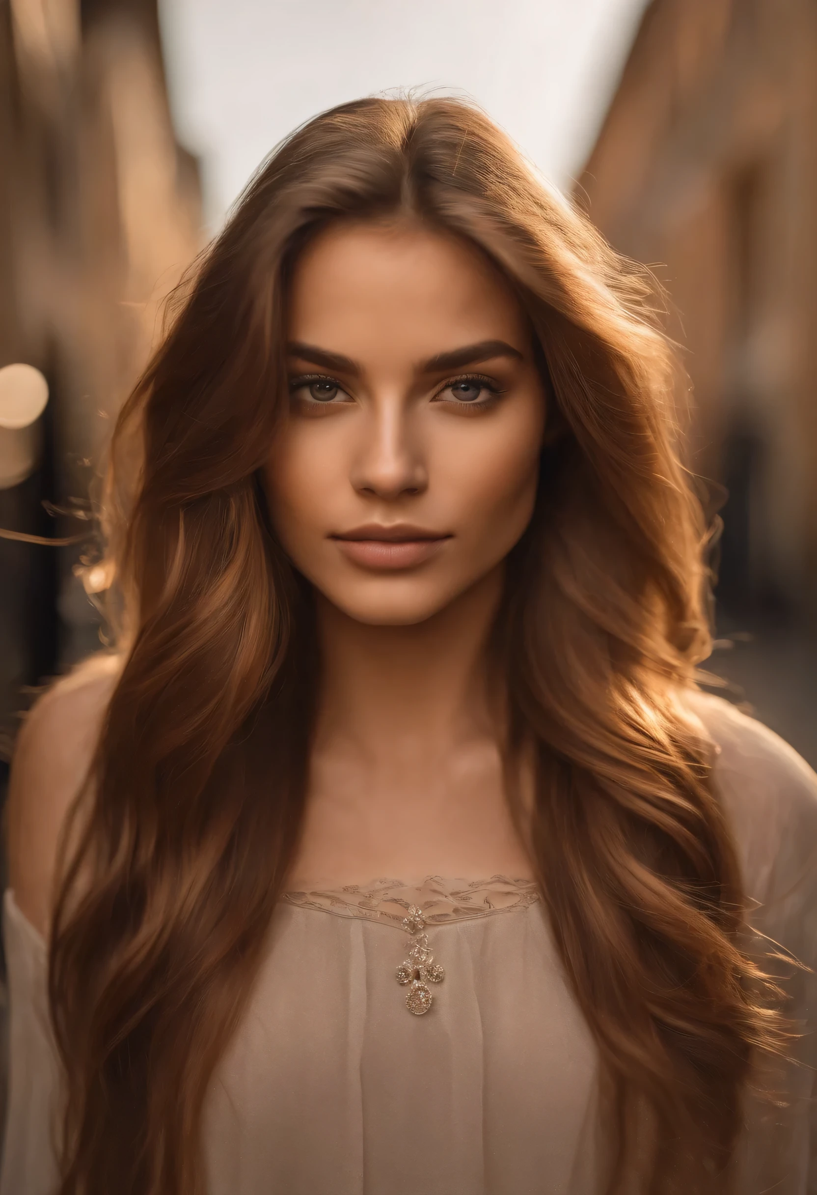Natural photography of a girl, wearing a loose crop top, leaning over, long straight light brown hair, locks eyes into the camera, symmetrical eyes, symmetrical face, photorealistic, photography, path tracing, specular lighting, volumetric face light, path traced hair, visible shadows, intricate, elaborate, street art background, 8k ,more realistic