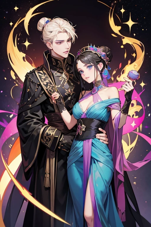 The Empress wears a long black dress, with a golden snake that is wrapped around her waist and neck. Her eyes are also covered by her dark purple headscarf, which has a pink gem in the middle and tied into a bun. Underneath, she has large blue eyes, which she uses to hypnotize people and put them under her spell. As demonstrated by The Fool, she is able to hypnotize people with her gem rather than using her eyes or chanting. Jake describes the Empress as "black drapes on a cake pop".  SPARKLE; GLITTE