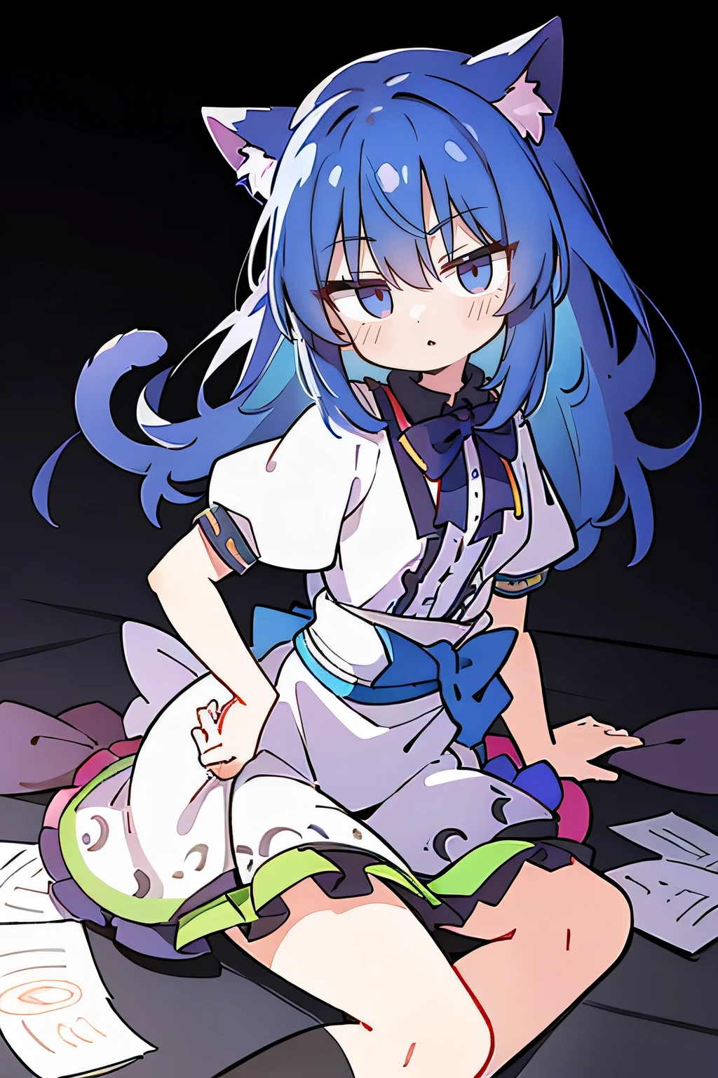 (Masterpiece), best quality, expressive eyes, perfect face, 1girl,
Put your hands on your waist, fair, gorgeous, Japanese comics, girl, Lola, young angel, blue hair, blue hair, flowing clothes, hug the waist, hug the waist, hands on hips, hands on hips, lay down , lying on the ground, legs on the ground, flat chest, cat ears