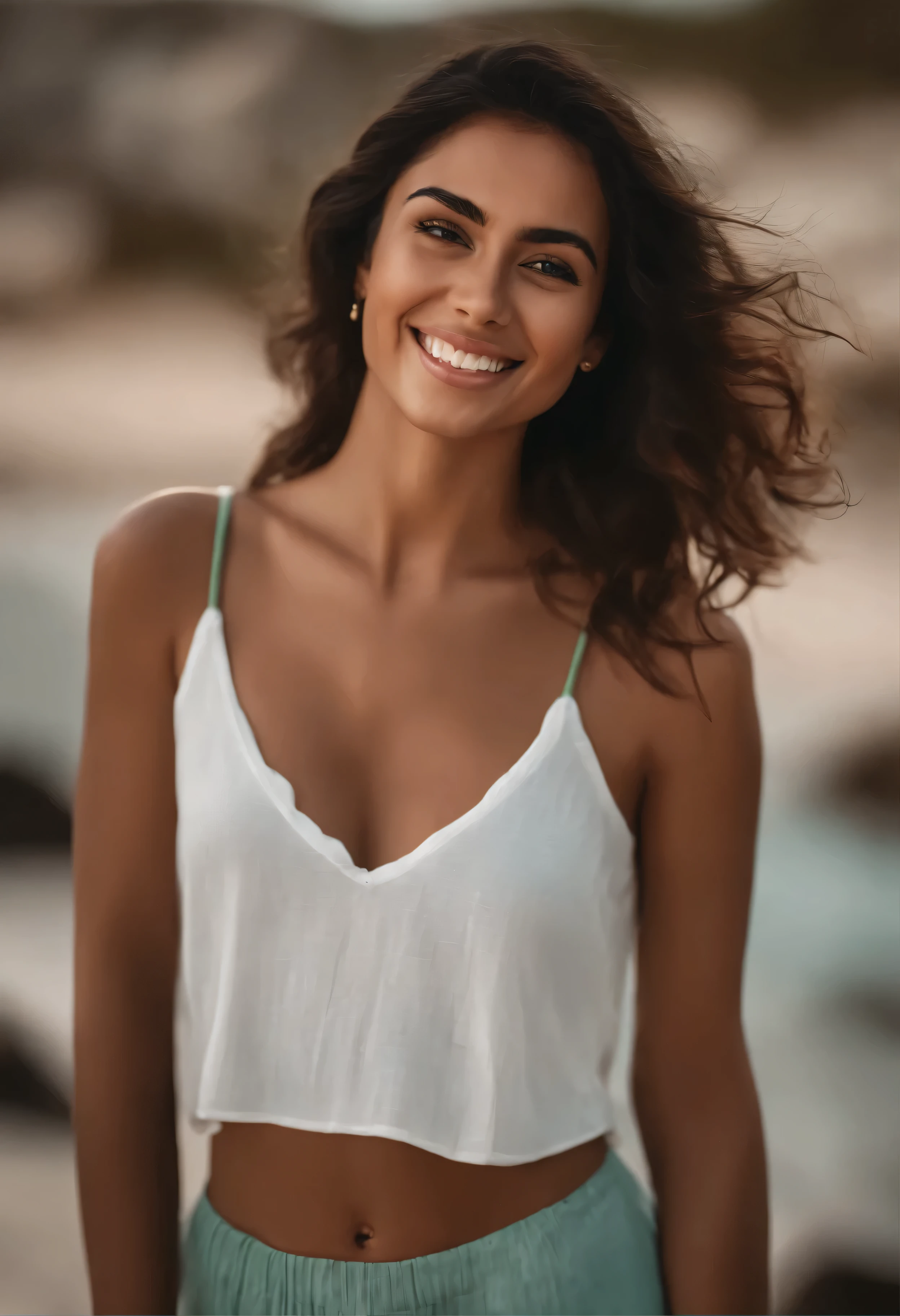 (Melhor qualidade,high resolution,ultra-detalhado,realista:1.37),beautiful mediterranean girl,Cabelo castanho escuro,pele bronzeada,Sorriso fofo,camiseta branca,forte contraste,cores vivas,Luz natural,sharp focus,olhos detalhados,lush eyelashes,textura de pele perfeita,pose relaxada,Fundo de praia,mar verde-azulado,areia Branca,ondas suaves,harmonia e paz.