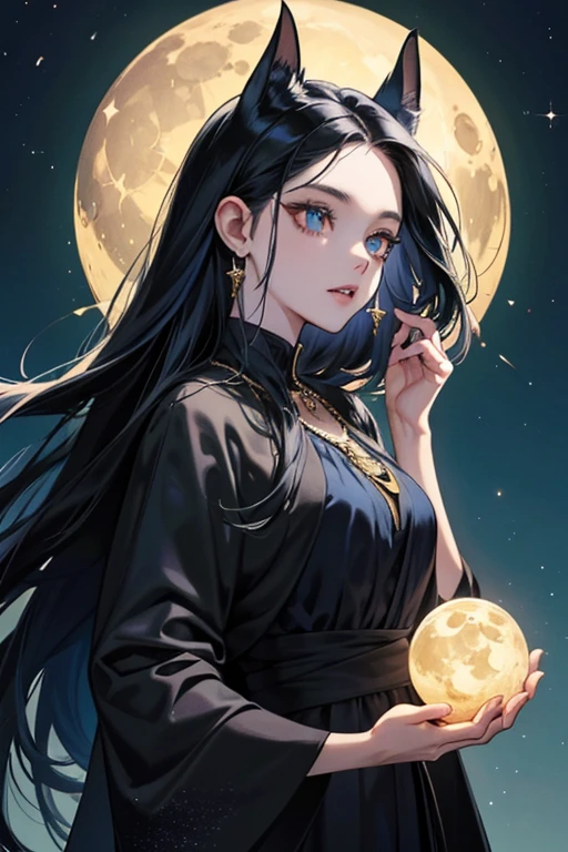 The Moon has long black hair and a serene expression. She wears a dark gray dress, a lighter gray poncho, and a golden pendant decorated with a crescent moon. Compared with the other vampires, she looks mostly human except for the bat ear growing out of the center of her forehead. The ear expels glowing blue orbs called Moon Pearls. She has green catlike eyes and sharp teeth. SPARKLE; GLITTE