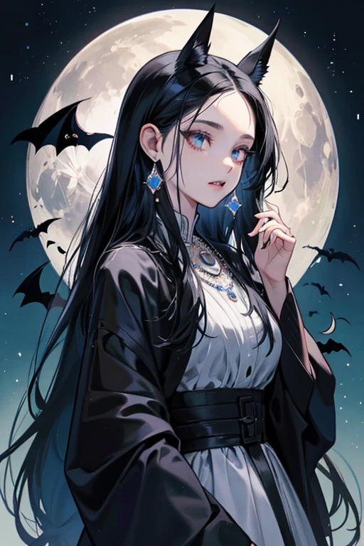 The Moon has long black hair and a serene expression. She wears a dark gray dress, a lighter gray poncho, and a golden pendant decorated with a crescent moon. Compared with the other vampires, she looks mostly human except for the bat ear growing out of the center of her forehead. The ear expels glowing blue orbs called Moon Pearls. She has green catlike eyes and sharp teeth. SPARKLE; GLITTE