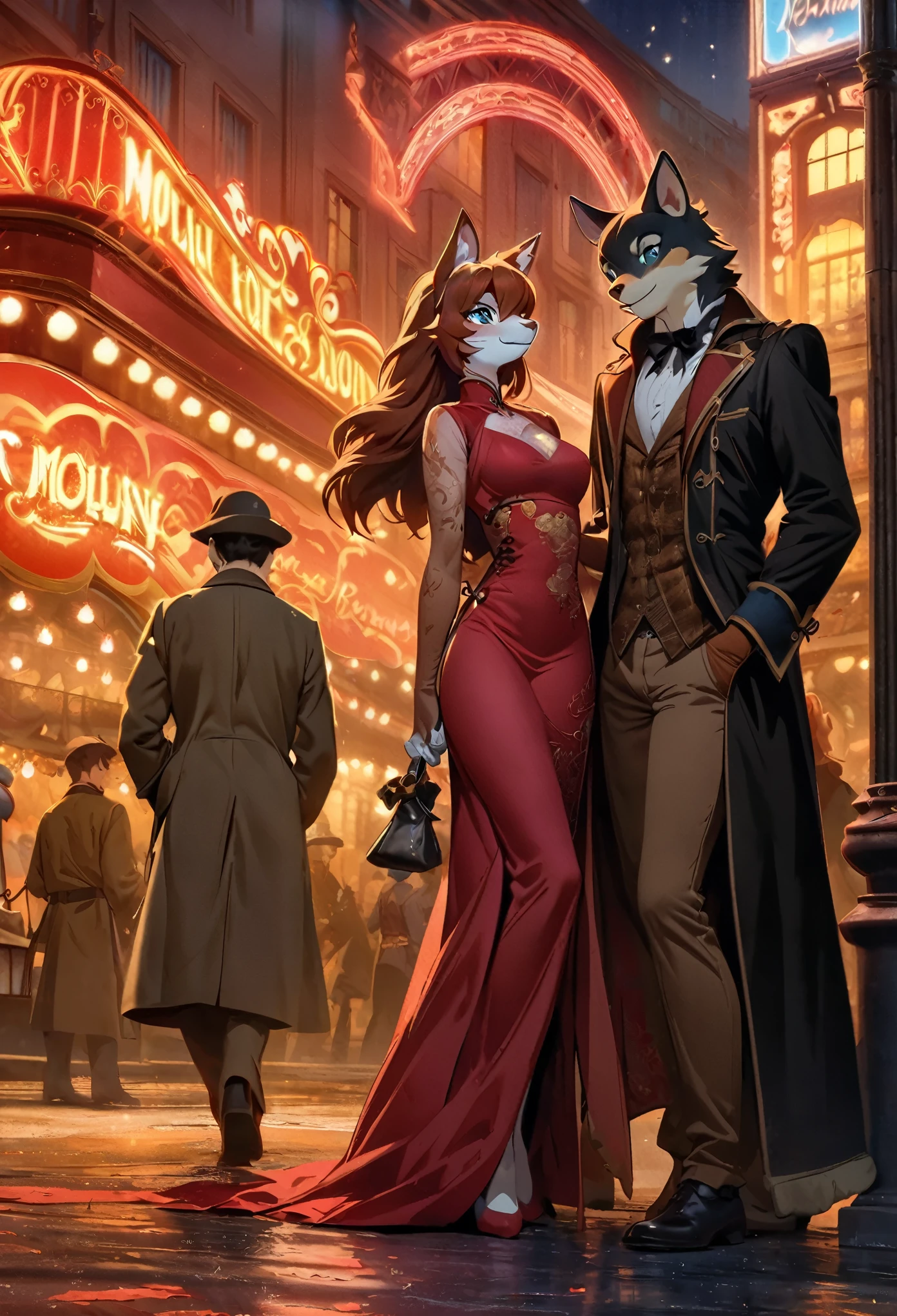movie poster, highres, top quality, best quality, perfect artwork, absurdres, perfect anatomy(young male detective and a woman in Chinese dress furry, kemono, anthro)arafed image of a couple in a city street at night, moulin rouge, movie artwork, concept art of love, romance novel cover, neo - romanticism,