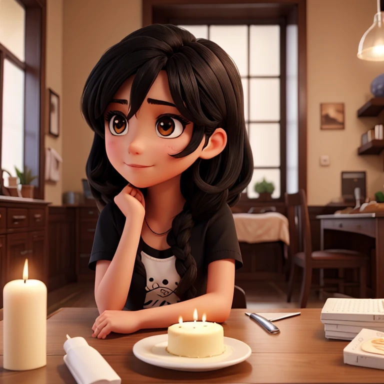 beautiful girl with black eyes and black hair with birthday cake and candles 41