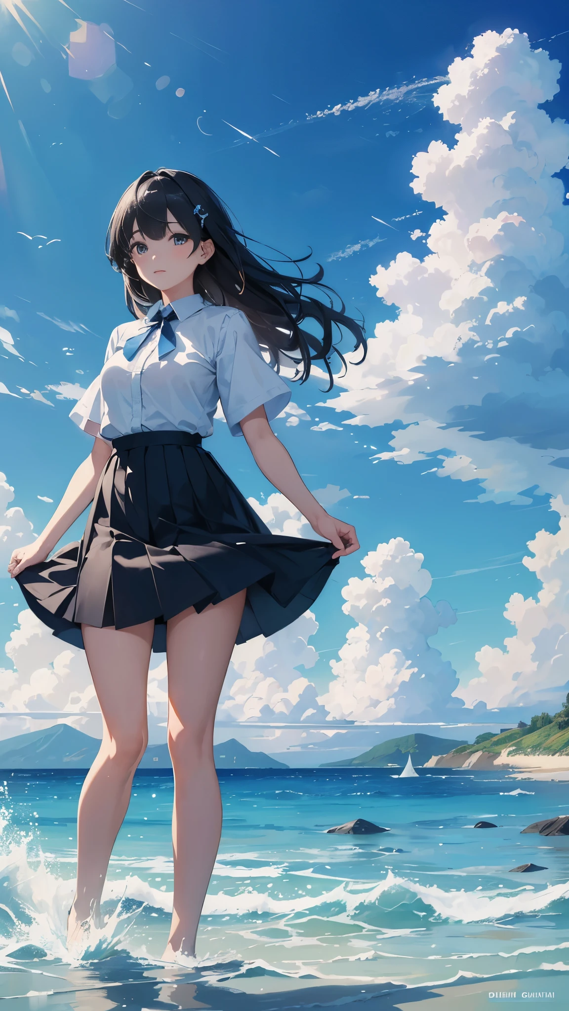 Breasts sticking to a white dress shirt、She lifts her light blue skirt with both hands to show off her cute white underwear、barefoot、Sandy beach, sea, cumulonimbus clouds and blue sky