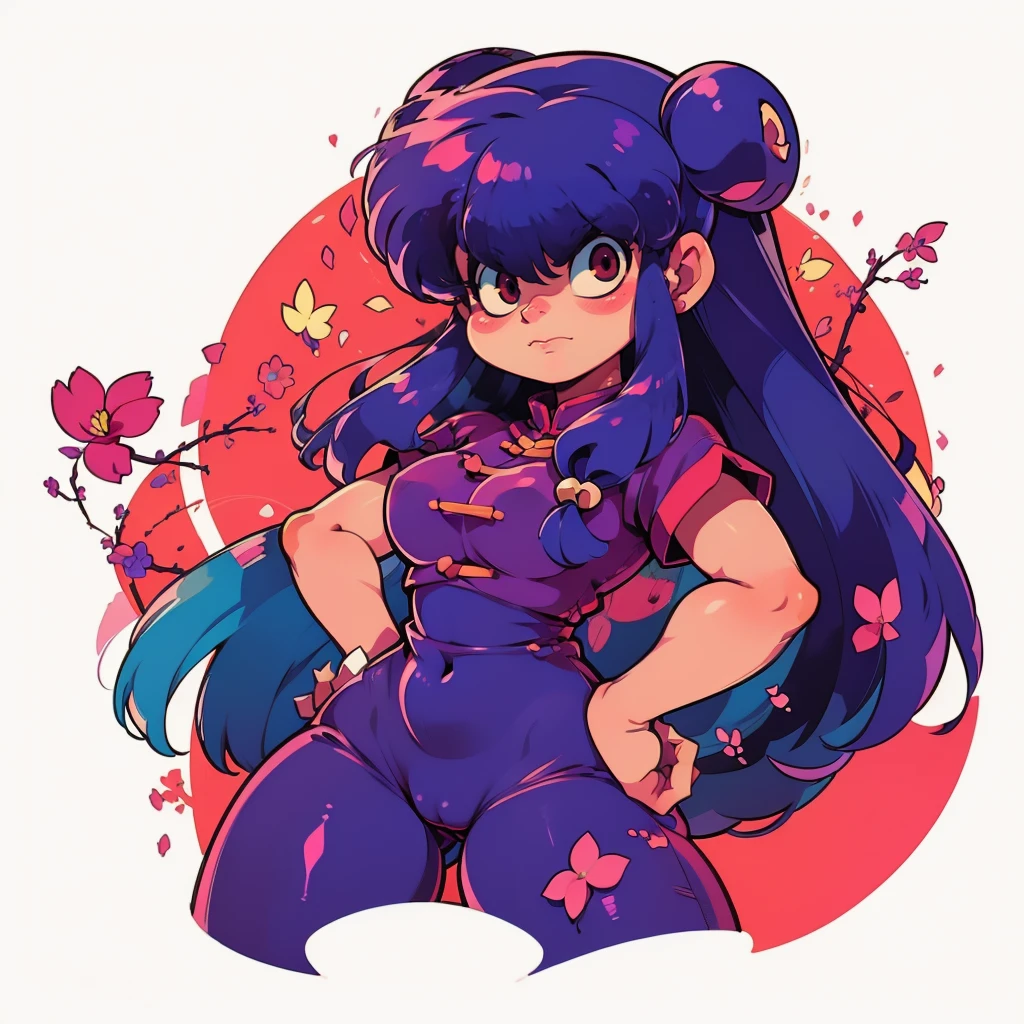 ((sticker-style illustration for print with 1girl, minimalism,)), simple background, clean:0.9, lineart, vector, shampoo \(ranma 1/2\), looking at the viewer, long purple hair, (eyes angry), Cherry blossoms for background, circle frame, hands on hips, camel toe
