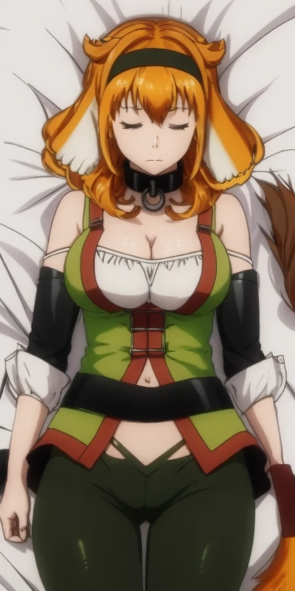 1girl, solo, breasts, large breasts, navel, animal ears, cleavage, tail, hairband, pants, orange hair, collar, dog ears, dog tail, dog girl, black collar, green pants, floppy ears, eyes closed, sleeping, lying on bed, waist up, leather slave collar choker, bracers