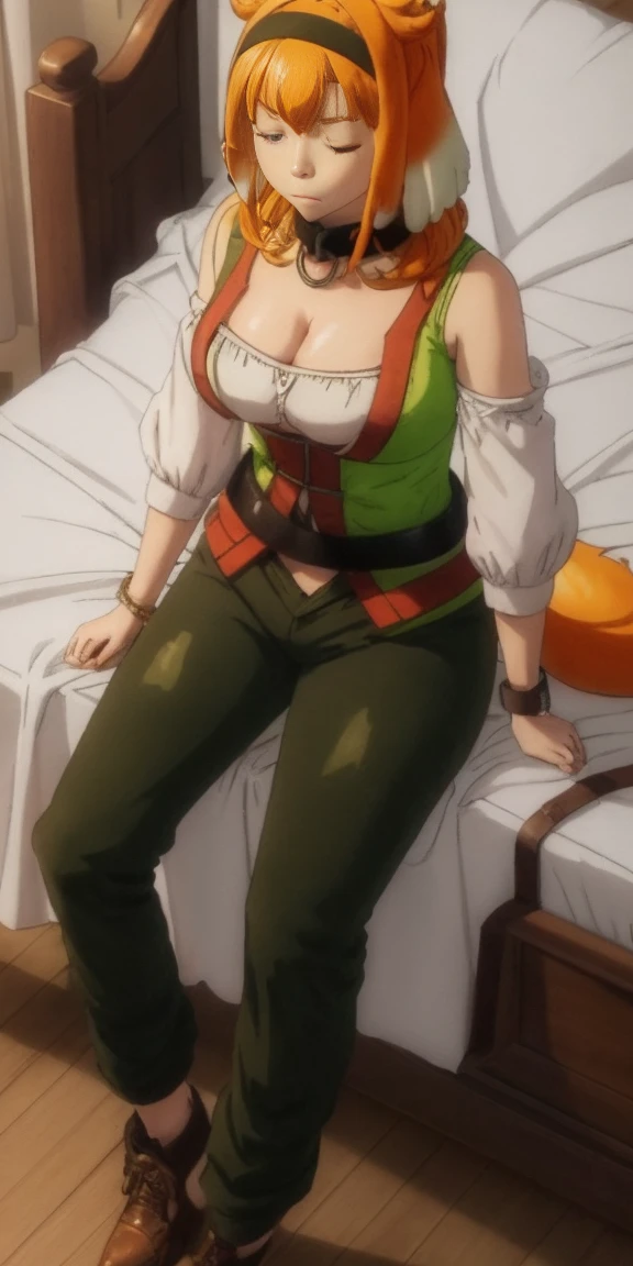 1girl, solo, breasts, large breasts, navel, animal ears, cleavage, tail, hairband, pants, orange hair, collar, dog ears, dog tail, dog girl, black collar, green pants, floppy ears, eyes closed, sleeping, lying on bed, waist up, leather slave collar choker, bracers