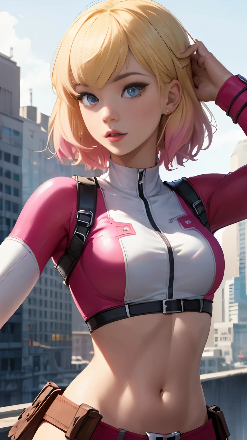 (Highly quality, masterpiece, detailed), city detailed scenario, city detailed background, solo, gwenpool, blonde hair, multi colored hair, 1woman, crop top, two-tone, navel, happy, perfect face, beautiful eyes, look at the viewer, Sexy pose