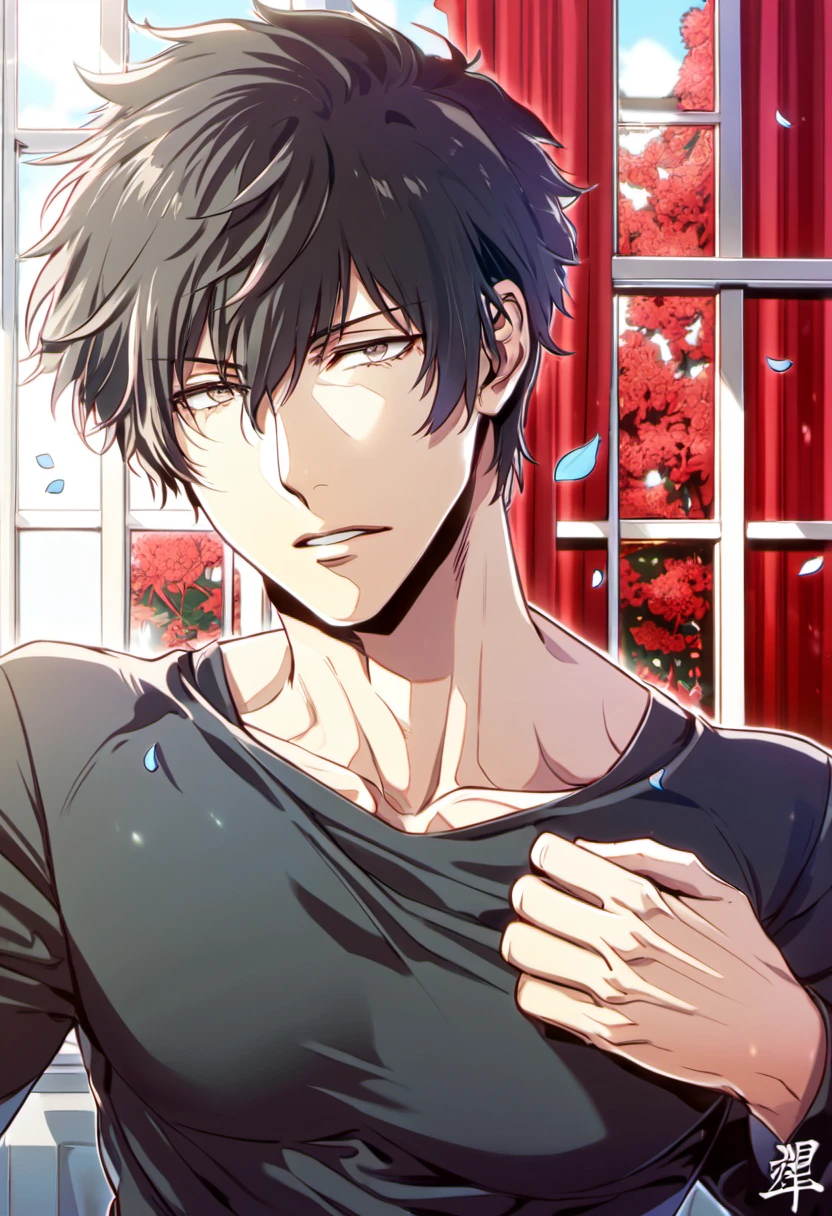 absurdres, highres, ultra detailed, HDR, masterpiece, Kogami Shinya, black hair, expressive grey eyes, psycho-pass, black tight shirt, black coat, toned chest, 1man, handsome, window, red curtains, petals, inside a house