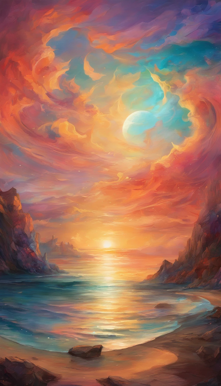 Partial front view of the close-up scene scaled in high relief; details in 8k; precision in details; alcohol-based ink, vibrant colors, perspective view, centered, lines in perspective; Wood splash; high contrast of gloomy colors; The main theme of the image is a sunset, reflecting in the sea at the beach with clear sand and colored stones; bright and clear colors; This breathtaking scene is captured in a realistic and exquisitely detailed image, where each brushstroke captures the dynamic energy and otherworldly beauty, pastel illustration, professional illustrator, gothic style, ink and watercolor paintings, a backdrop of glowing nebulae. The richness of colors and depth of detail immerse viewers in a mesmerizing spectacle that transcends the limits of reality.