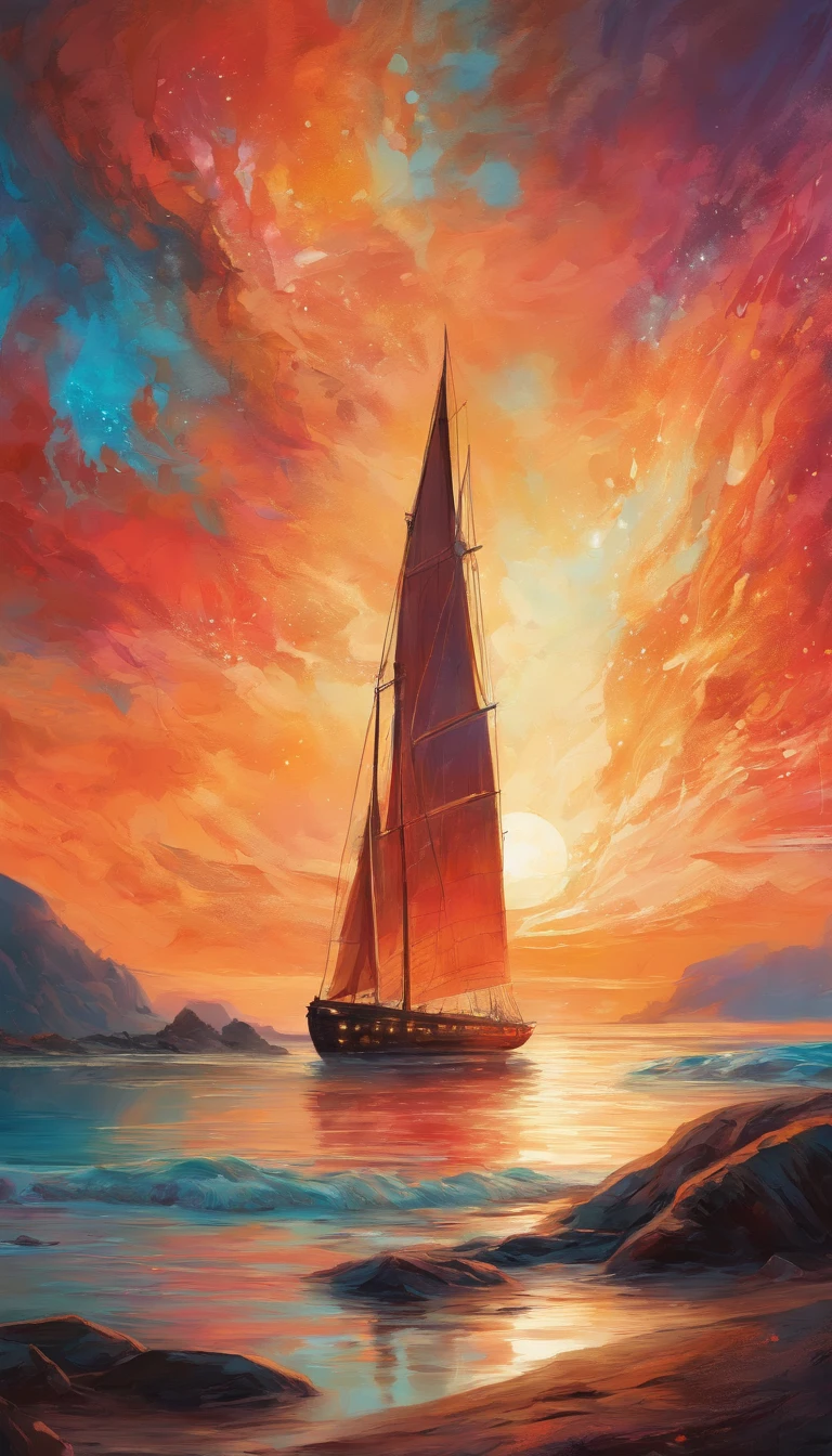Partial front view of the close-up scene scaled in high relief; details in 8k; precision in details; alcohol-based ink, vibrant colors, perspective view, centered, lines in perspective; Wood splash; high contrast of gloomy colors; The main theme of the image is a sunset, reflecting in the sea at the beach with clear sand and colored stones; bright and clear colors; This breathtaking scene is captured in a realistic and exquisitely detailed image, where each brushstroke captures the dynamic energy and otherworldly beauty, pastel illustration, professional illustrator, gothic style, ink and watercolor paintings, a backdrop of glowing nebulae. The richness of colors and depth of detail immerse viewers in a mesmerizing spectacle that transcends the limits of reality.