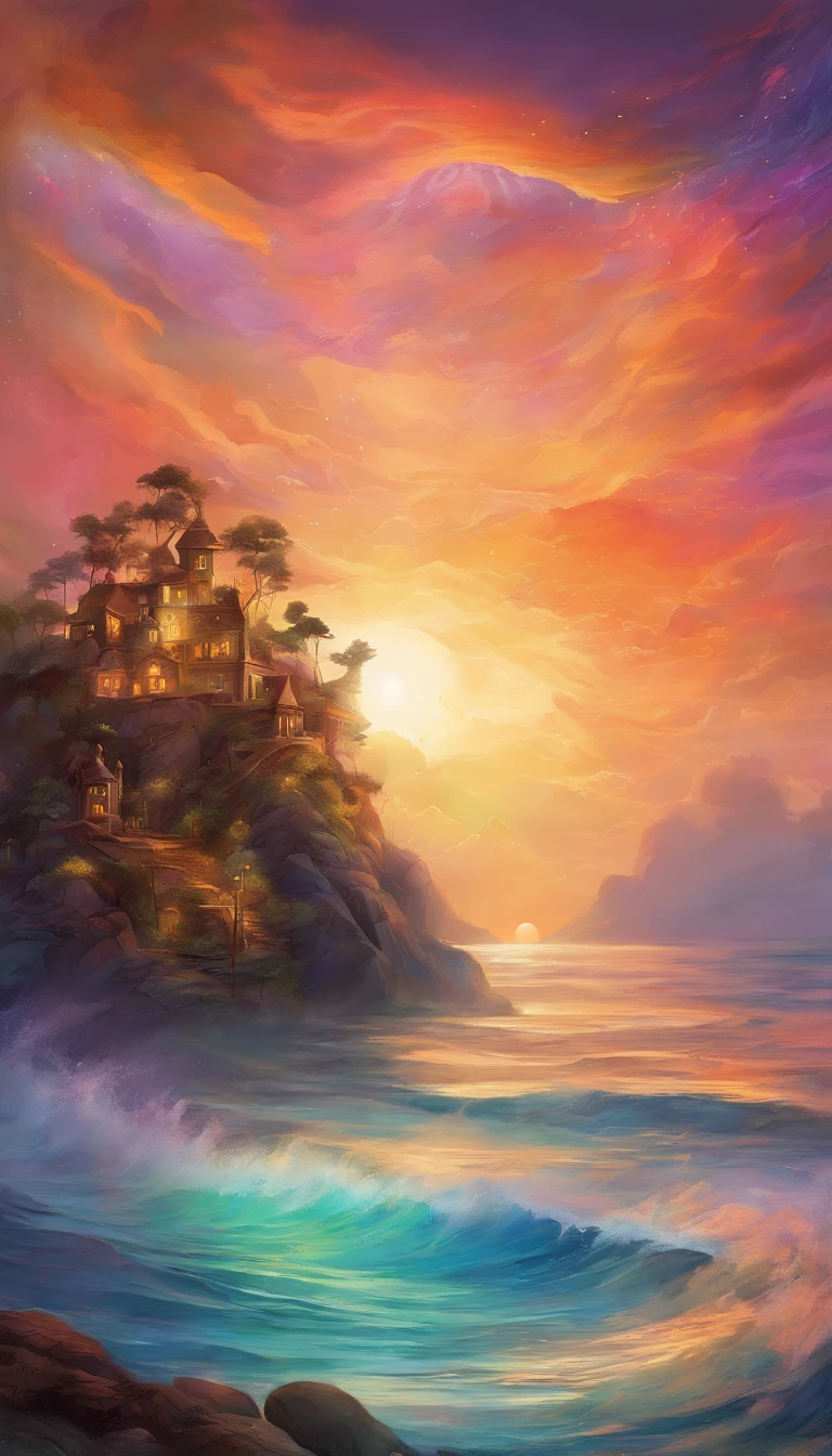 Partial front view of the close-up scene scaled in high relief; details in 8k; precision in details; alcohol-based ink, vibrant colors, perspective view, centered, lines in perspective; Wood splash; high contrast of gloomy colors; The main theme of the image is a sunset, reflecting in the sea at the beach with clear sand and colored stones; bright and clear colors; This breathtaking scene is captured in a realistic and exquisitely detailed image, where each brushstroke captures the dynamic energy and otherworldly beauty, pastel illustration, professional illustrator, gothic style, ink and watercolor paintings, a backdrop of glowing nebulae. The richness of colors and depth of detail immerse viewers in a mesmerizing spectacle that transcends the limits of reality.