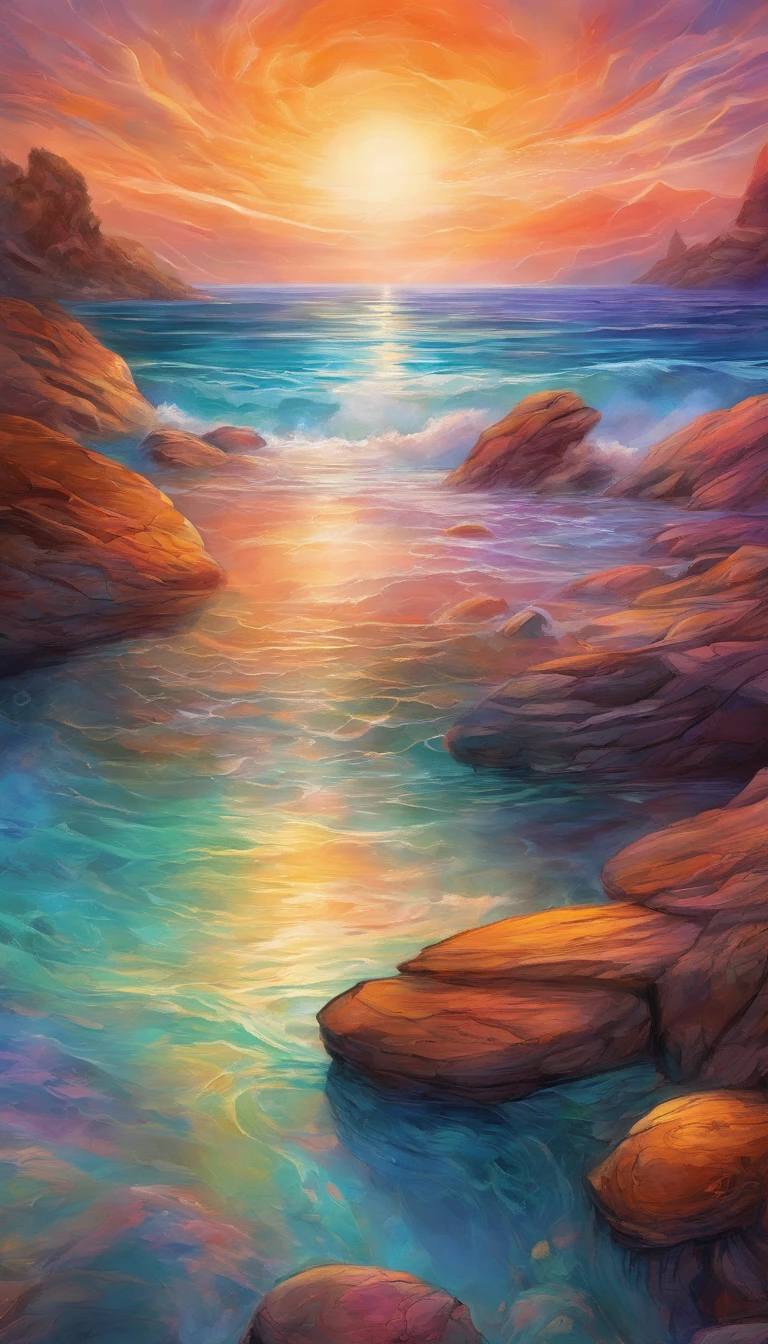 Partial front view of the close-up scene scaled in high relief; details in 8k; precision in details; alcohol-based ink, vibrant colors, perspective view, centered, lines in perspective; Wood splash; high contrast of gloomy colors; The main theme of the image is a sunset, reflecting in the sea at the beach with clear sand and colored stones; bright and clear colors; This breathtaking scene is captured in a realistic and exquisitely detailed image, where each brushstroke captures the dynamic energy and otherworldly beauty, pastel illustration, professional illustrator, gothic style, ink and watercolor paintings, a backdrop of glowing nebulae. The richness of colors and depth of detail immerse viewers in a mesmerizing spectacle that transcends the limits of reality.