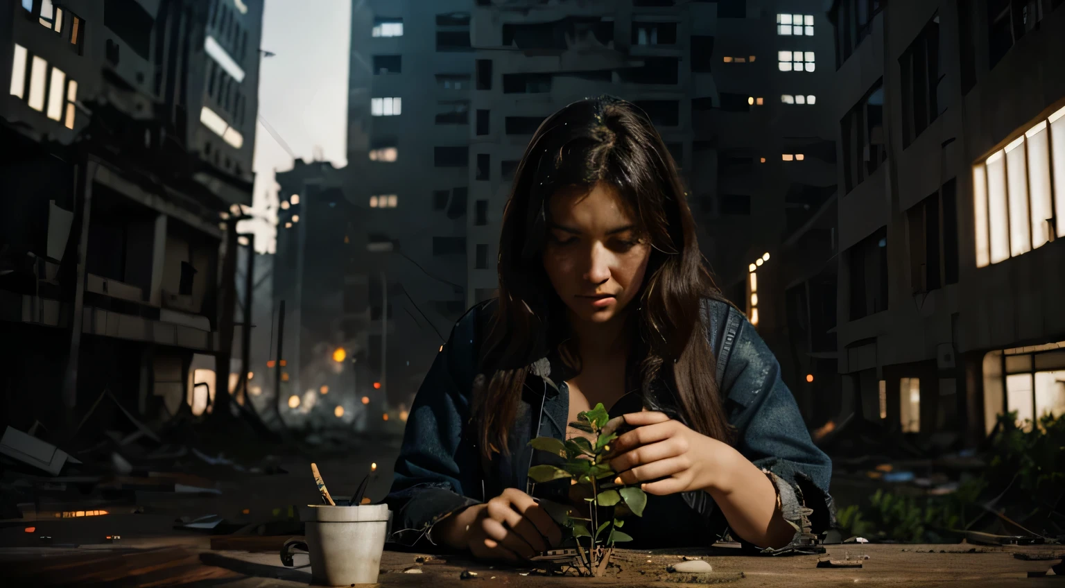 a destroyed technological city and a person holding a plant