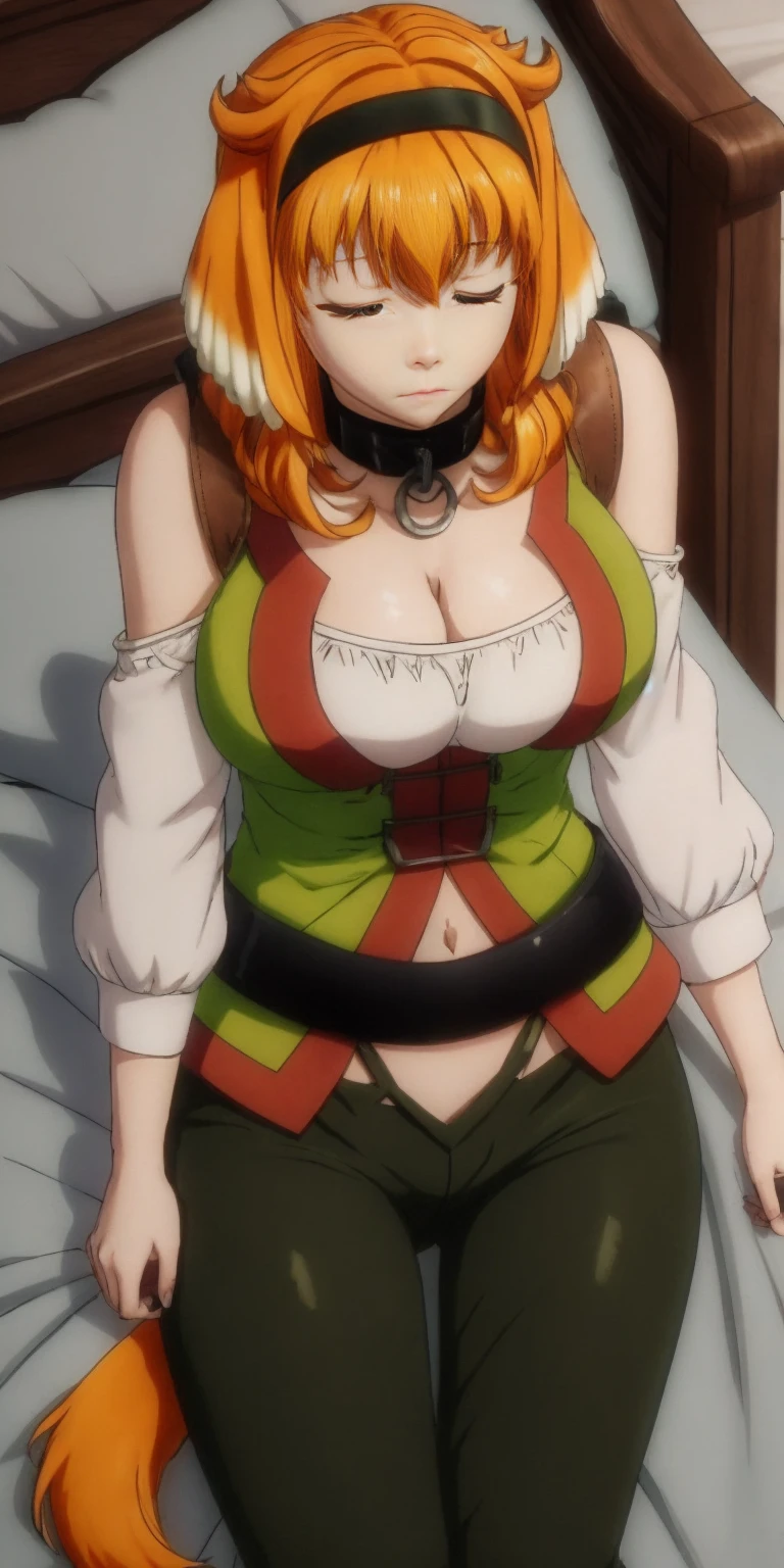 Roxanne Demin kin 1girl, solo, breasts, large breasts, navel, animal ears, cleavage, tail, hairband, pants, orange hair, collar, dog ears, dog tail, dog girl, black collar, green pants, floppy ears, eyes closed, sleeping, lying on bed, waist up, leather slave collar choker, bracers