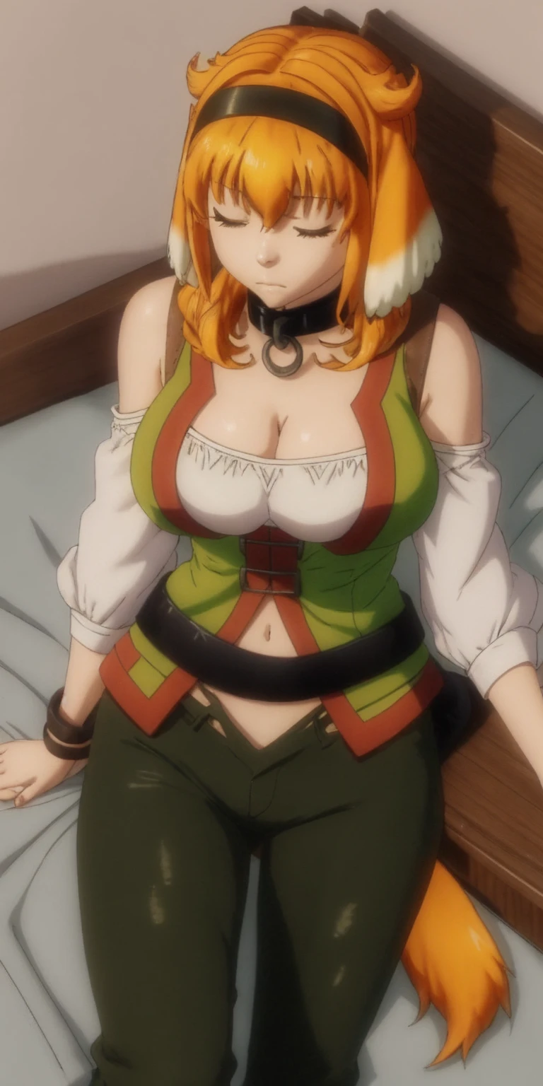 Roxanne Demin kin 1girl, solo, breasts, large breasts, navel, animal ears, cleavage, tail, hairband, pants, orange hair, collar, dog ears, dog tail, dog girl, black collar, green pants, floppy ears, eyes closed, sleeping, lying on bed, waist up, leather slave collar choker, bracers