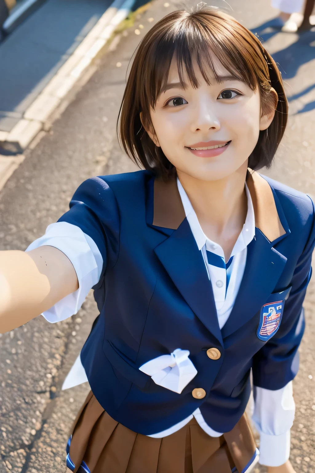 masterpiece, highest quality, Photoreal, Super detailed, finely, High resolution, 8k wallpaper, Professional, Advanced level of detail, ((One high school girl:1.2)), Slender Japanese women,, detailed clavicle, Medium chest、perfect face, (Front facing:1.2)、(Cute short hair:1.5), chestnut hair、(school uniform:1.5)、(navy blue blazer:1.2)、(mini skirt:1.2)、cute face、(looking straight ahead:1.5)、(brown skin:1.5)、full body shot、(An angle looking up from under the skirt:1.5)、(cute smile:1.5)、Balanced Professional Portion、