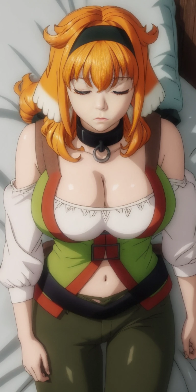 Roxanne Demin kin 1girl, solo, breasts, large breasts, navel, animal ears, cleavage, tail, hairband, pants, orange hair, collar, dog ears, dog tail, dog girl, black collar, green pants, floppy ears, eyes closed, sleeping, lying on bed, waist up, leather slave collar choker, bracers