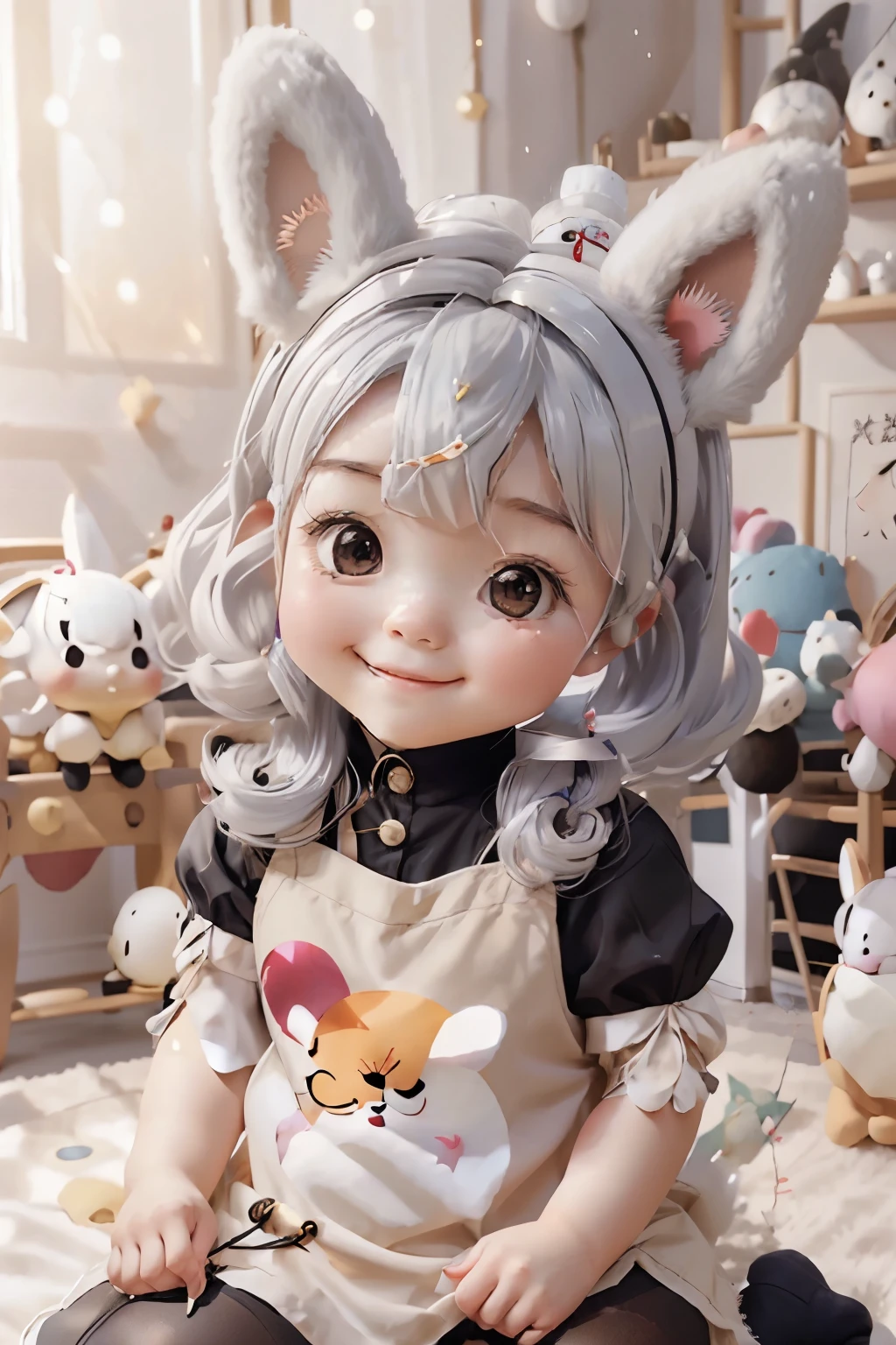 A girl with striking white hair、Fox ears and tail、hair ornaments、black pantyhose、No sleeve、smile、baby face