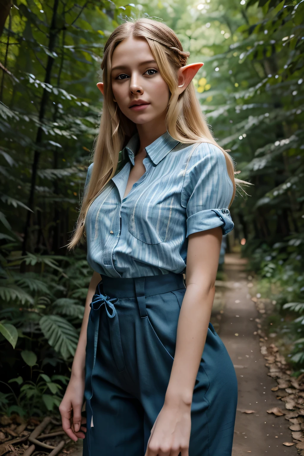 (masterpiece), best quality, expressive eyes, perfect face,
A cute pretty beautiful elf girl in a long blue knee-length shirt outside, she stands in a dense forest. She has long blonde hair and pointed ears, She is wearing a long blue striped shirt that reaches to her knees and brown trousers,