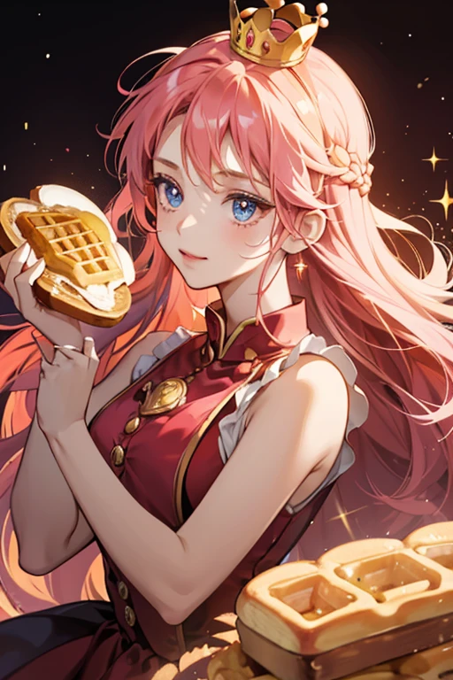 Toast Princess is a sentient piece of toasted bread. She wears a long, red sleeveless dress with a pink collar and buttons, as well as a toasted waffle headband (which seems to act as her crown and signify her royalty). She also has a cooked egg on top of the left side of her head. SPARKLE; GLITTE
