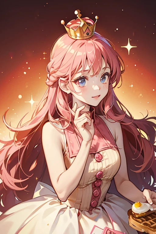 Toast Princess is a sentient piece of toasted bread. She wears a long, red sleeveless dress with a pink collar and buttons, as well as a toasted waffle headband (which seems to act as her crown and signify her royalty). She also has a cooked egg on top of the left side of her head. SPARKLE; GLITTE