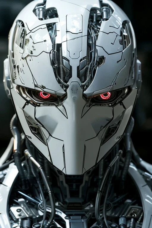 A closeup of a robot with red eyes and a white helmet, close-up retrato de ciborgue, still from the film of a cyborg villain, still de filme de um ciborgue legal, retrato ciborgue, retrato detalhado de um ciborgue, portrait of a futuristic robot, olhos ciborgues, attractive science fiction face, detailed face of an android, retrato de ciborgue