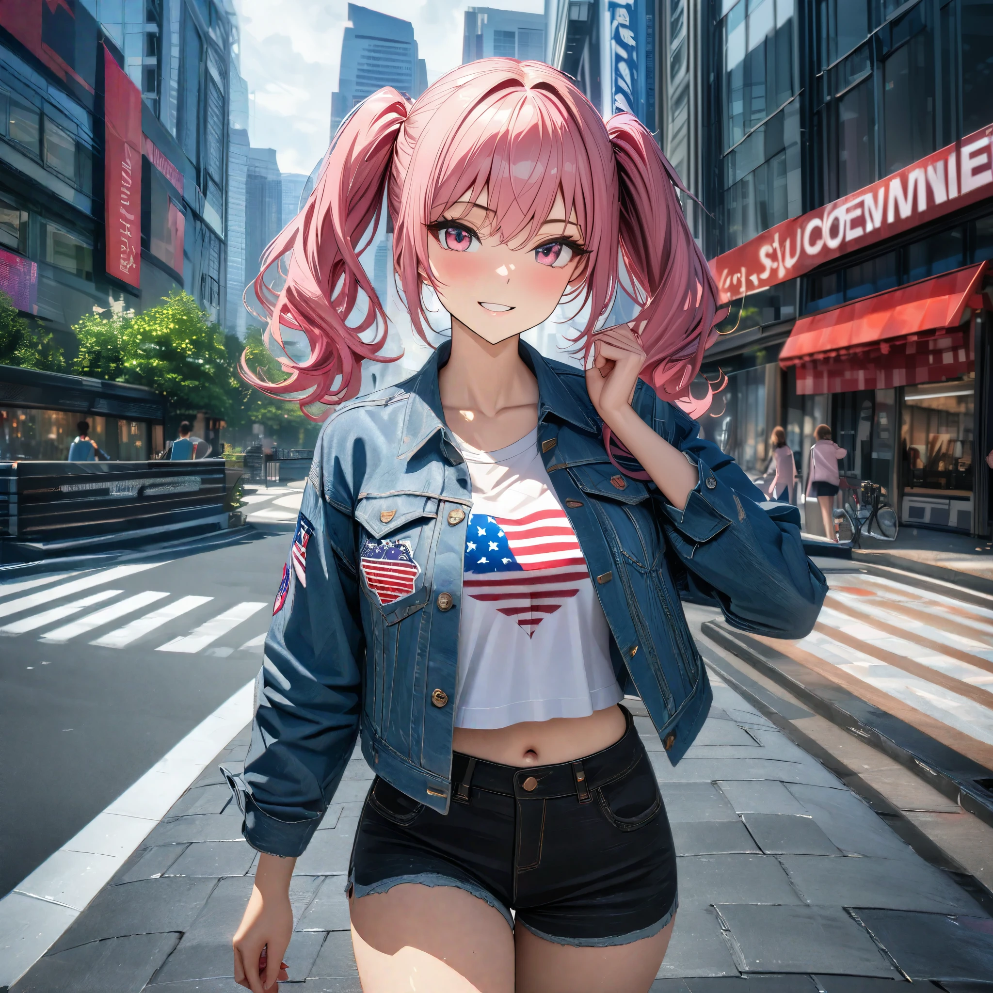 A woman wearing a denim jacket with the United States symbol on the jacket, wearing black denim shorts, hot pink hair with gray details, pigtails, pink eyes, smiling, wearing, walking on a sidewalk, in a large city with modern buildings, HDR , ultra resolution, very detailed, masterpiece, HD 8K, (solo, just one girl)
