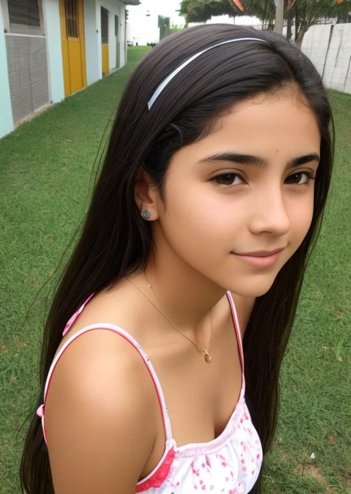 A 12 year old girl with straight brown hair wearing a brazzier