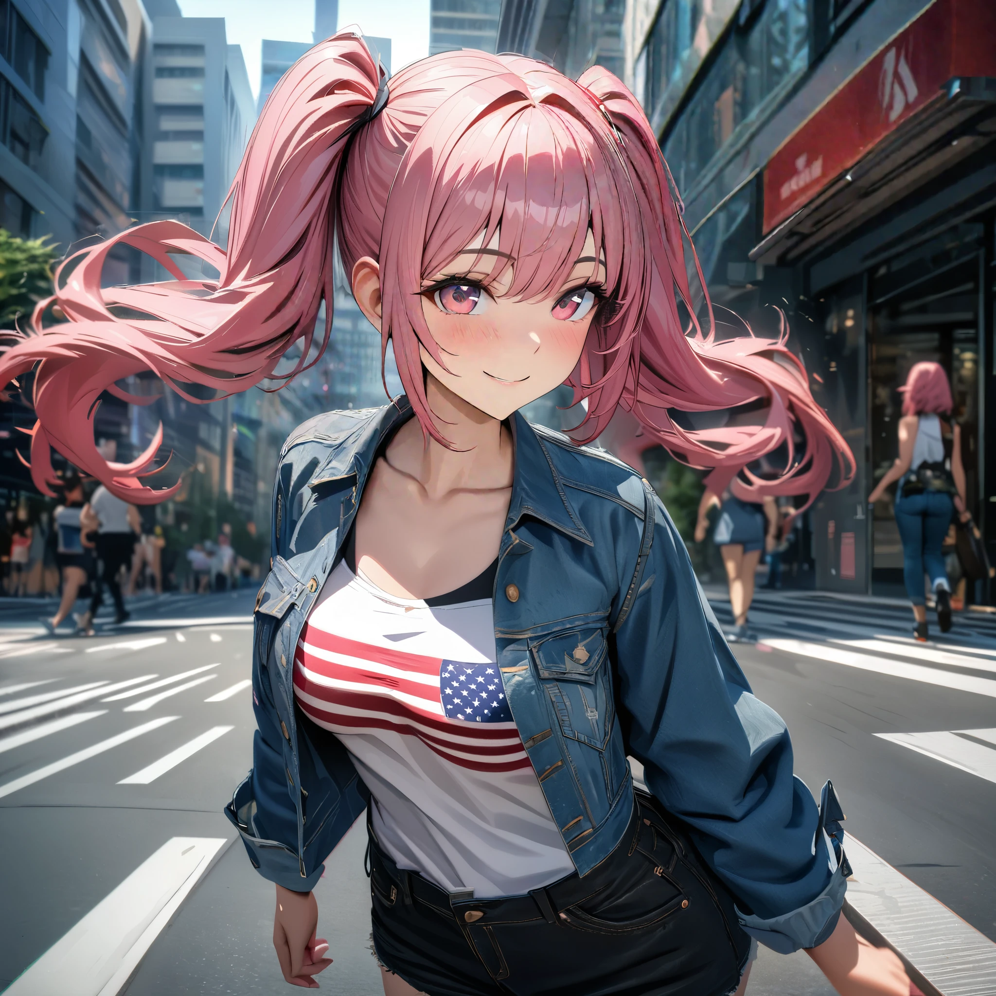 A woman wearing a denim jacket with the United States symbol on the jacket, wearing black denim shorts, hot pink hair with gray details, pigtails, pink eyes, smiling, wearing, walking on a sidewalk, in a large city with modern buildings, HDR , ultra resolution, very detailed, masterpiece, HD 8K, (solo, just one girl)
