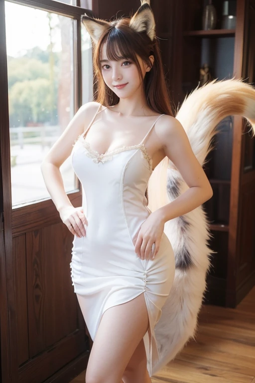 ((Highest quality, 8k)), ((masterpiece)), (Highest Resolution), Perfect Face, Fox Woman, Beautiful woman, public, Has one tail, She has thick thighs, a large tail, She has a blonde fox tail, She wags her tail, smile, fur collar, She wears a dress, Beautiful Hips, Big Breasts , A tail sticks out from the hem of the dress.