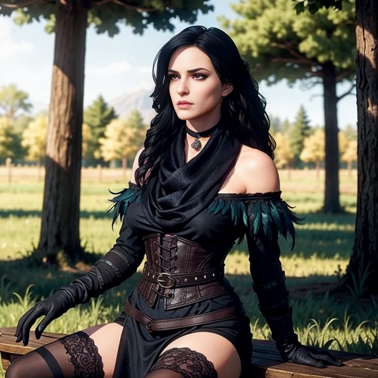 Yennefer, in forest, long hair, black hair, purple eyes, scarf, black dress, bare shoulders, feathers, thighhighs, gloves, boots, choker, corset, elbow gloves, (intricate details), perfect eyes, pruple eyes, perfect face, perfect lighting, beautiful, (masterpiece:1.2), (best quality:1.2)